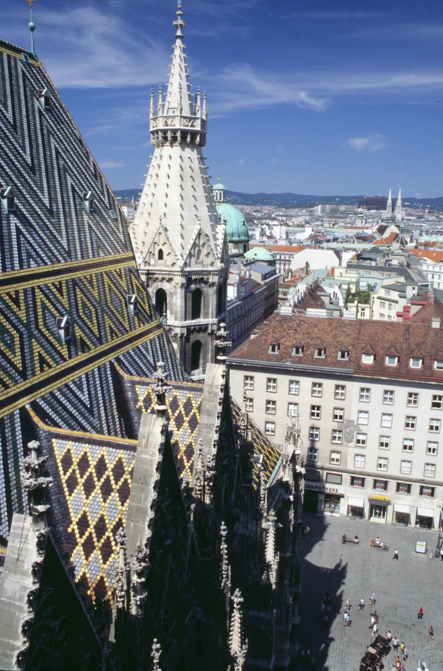 A view from the north tower of Saint Stephan's (Stephansdom), a 13th century Gothic cathedral in the heart of old Vienna.