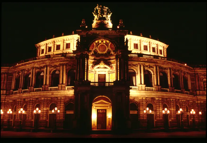 The Semperoper, Dresden's neo-Renaissance opera house opened in 1841. It was destroyed during World War II and rebuilt forty years later in 1985.