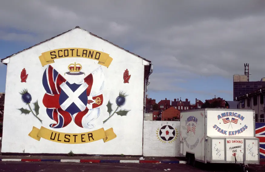 Mural in Protestant Shankill Road area of Belfast.
Inscription reads, ""Scotland / Ulster""