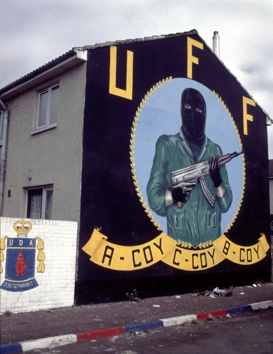 Mural in Protestant Shankill Road area of Belfast honoring the Ulster Freedom Fighters (UFF).
Inscription reads, ""UFF / A-COY / C-COY / B-COY""