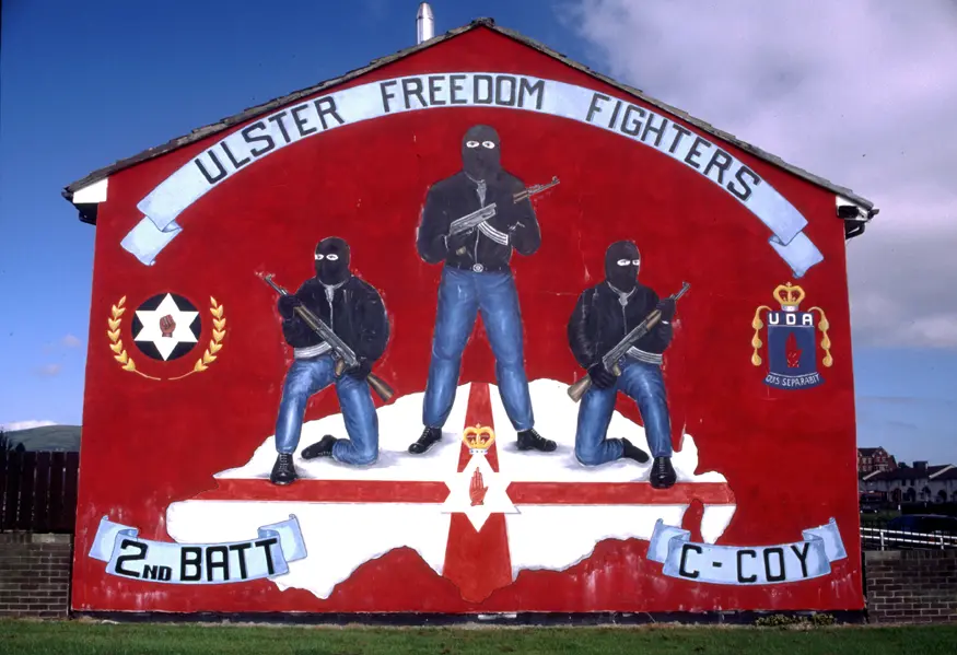 Mural in Protestant Shankill Road area of Belfast honoring the Ulster Freedom Fighters (UFF), 2nd Battalion.
Inscription reads, ""Ulster Freedom Fighters / 2nd BATT / C-COY""