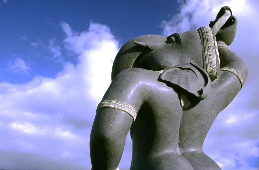 An unlikely sculpture in Ireland, a statue of the Hindu elephant-god Ganeesh stands in Victoria's Way Sculpture Park in Roundwood. The park is the product of one person, an interesting man who spends several months out of the year directing his team in India to build sculpture embodying his theories on life.