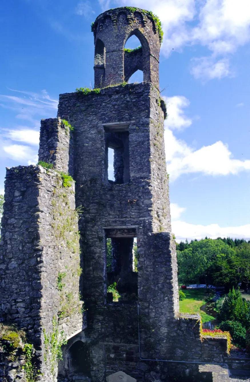 Blarney Castle, built in 1446 by the King of Munster, now made famous by the Blarney Stone. Legend says that to kiss the Blarney Stone brings the gift of articulate and convincing speech.