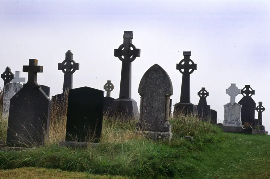 Celtic crosses stand on a hill near the small town of Inveran, west of Galway, on the west coast of Ireland.