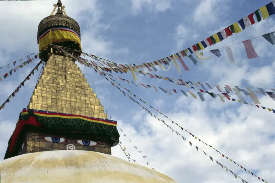 Nepalese Buddha eyes peer from the stupa of Kathmandu's Monkey Temple (Swayambhunath).