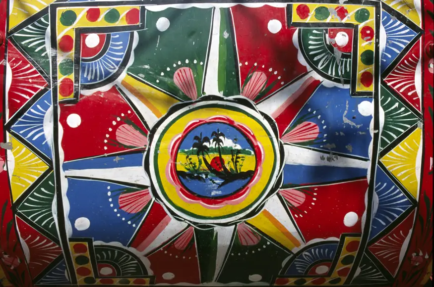 Colorful decorations adorn the back of a Nepalese rickshaw.
