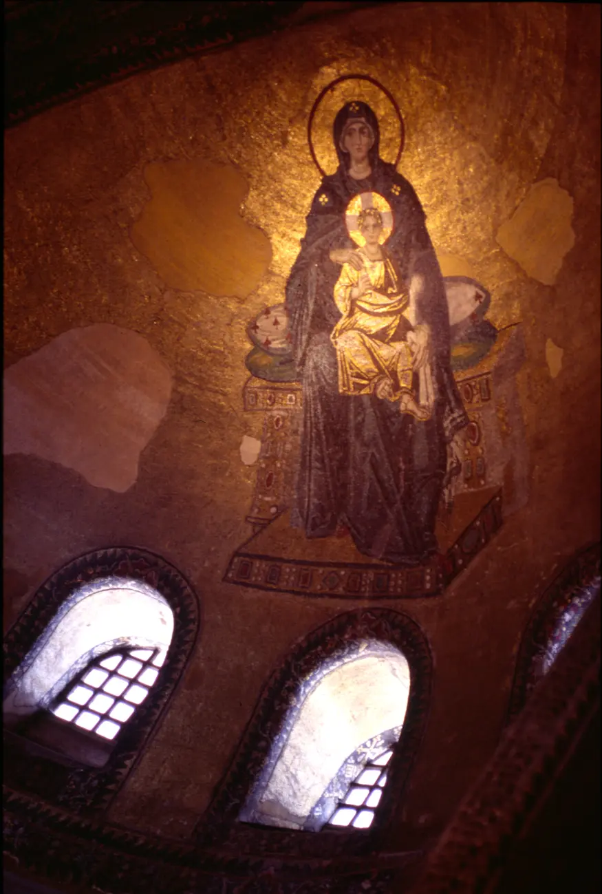 A mosaic of the Madonna and child in the Aya Sofia, the Church of Divine Wisdom, built between 527-565 AD by Emperor Justinian. Converted into a mosque after the fall of Constantinople in 1453.
(Also called Aya Sofya, Sancta Sophia, Hagia Sofia)